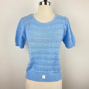Vintage 70s Cuddle Knits Blue Sweater Large Pullover Cotton USA Textured Knit